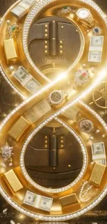 Gold infinity symbol with cash and jewels on a vault background.