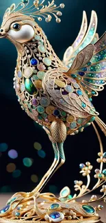 Luxurious golden bird with gems as phone wallpaper.