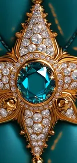 Luxurious jewel star with diamonds and blue gem on teal background.