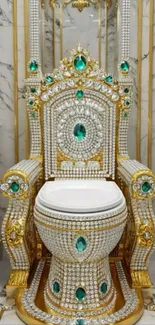 Luxurious jeweled toilet throne with emerald embellishments.