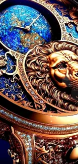 Luxurious clock with lion motif and blue accents on a mobile wallpaper.