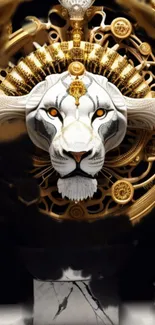 White lion head with gold details in luxurious wallpaper design.