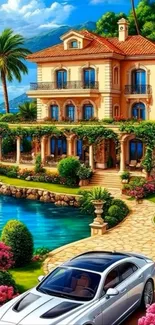 Luxurious seaside mansion with garden and car in vibrant setting
