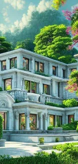 Luxurious stone mansion amidst lush green trees and vivid flowers.