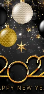 Luxurious New Year 2022 mobile wallpaper with gold designs on black background.