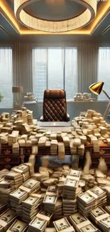 Luxurious office with piles of money.