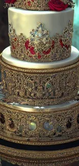 Luxurious tiered cake with gold and red roses on ornate stand.