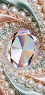 Luxurious wallpaper with pearls and a central gemstone design.