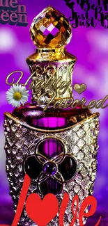 Luxurious perfume bottle with purple and gold accents on wallpaper.