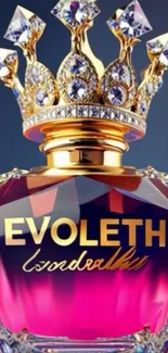 Luxurious crown-topped perfume bottle with pink and gold design.