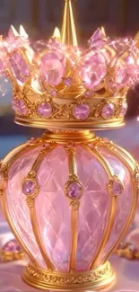 Luxurious pink and gold crown with sparkling jewels on a mobile wallpaper.