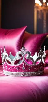 Elegant pink crown with jewels on silky pillows, luxurious theme.