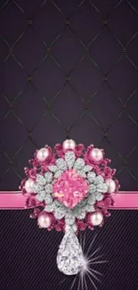 Luxurious phone wallpaper with pink gems and diamonds on black background.