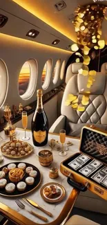 Luxurious private jet interior with gourmet food and champagne.