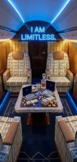 Luxurious private jet interior with 'I AM LIMITLESS' sign.