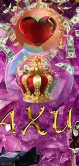 Purple fantasy wallpaper with crown, money, and gemstones.