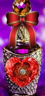 Luxurious gold and purple perfume bottle wallpaper with jewel heart design.