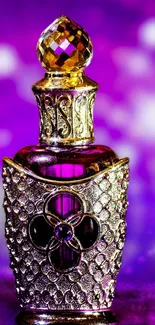 Luxurious purple perfume bottle with decorative design.