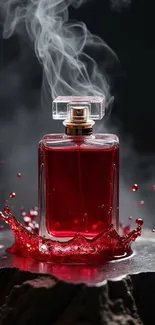 Red perfume bottle with splash and smoke.