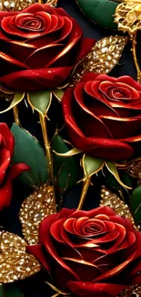 Luxurious red roses with gold accents on a phone wallpaper background.