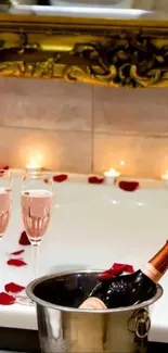 Luxurious bath with rose petals and champagne in an elegant setting.