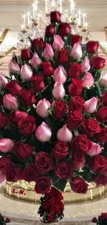 Luxurious bouquet of red and pink roses in elegant setting.