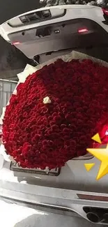 Luxury car trunk filled with red roses bouquet.