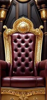 Luxurious royal throne with gold details and maroon leather