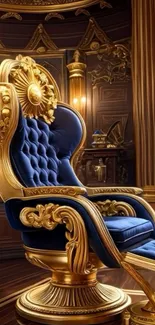 Luxurious gold and blue royal throne in an elegant room setting.