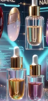 Luxurious skincare and nail art display with shimmering serums.