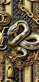 Luxurious snake-themed wallpaper with gold accents and intricate design.