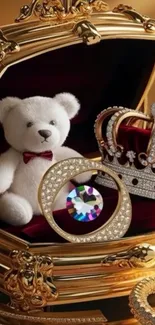 Luxurious teddy bear with crown and jewels in golden setting.