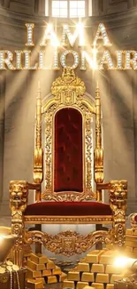 Opulent throne with gold bars and luxury items.