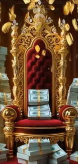 Luxurious throne surrounded by wealth and gold.