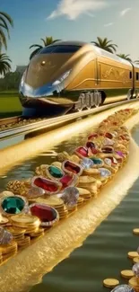 A luxurious golden train by a jewel-lined stream amidst palm trees.