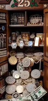 Luxurious cabinet filled with watches and gold coins.
