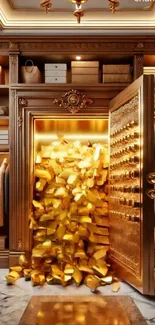 Luxurious closet with gold bars spilling from a vault.