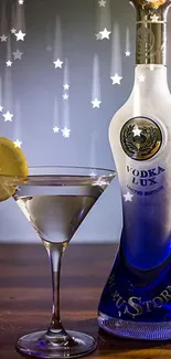 Luxurious vodka bottle with cocktail and lemon garnish on a wooden table.