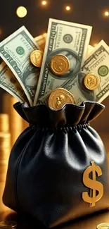 Money bag with cash and gold coins wallpaper for mobile.