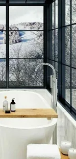 Luxurious bathtub with a winter view through large glass windows.