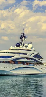 Luxurious yacht sailing on calm water under a bright blue sky.