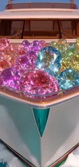 A luxurious yacht filled with colorful gemstones on a vibrant ocean background.