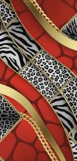 Luxurious animal print wallpaper in red and gold.