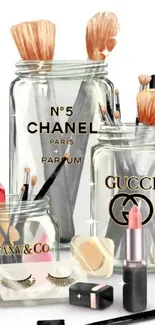 Elegant glass jars with luxury cosmetics and makeup brushes display.