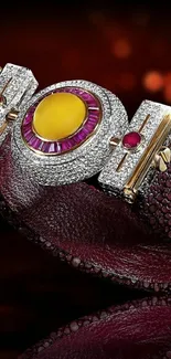 Luxurious bejeweled watch with vibrant colors and exquisite details on maroon background.