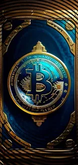 Luxurious Bitcoin-themed wallpaper with blue and gold accents.