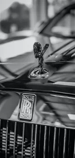 Luxury car front with iconic emblem in black and white.