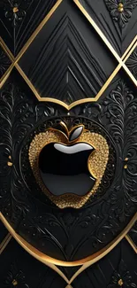 Luxurious wallpaper with gold and black ornate apple design.