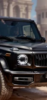 Luxury black SUV parked against elegant urban backdrop.