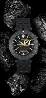 Luxury black watch on stone background wallpaper.